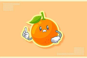 ANGRY, MAD, BAD MOOD Face Emotion. Forefinger Hand Gesture. Orange, Citrus Fruit Cartoon Drawing Mascot Illustration.