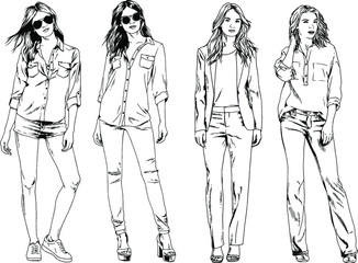 vector drawings on the theme of beautiful slim sporty girl in casual clothes in various poses painted ink hand sketch with no background