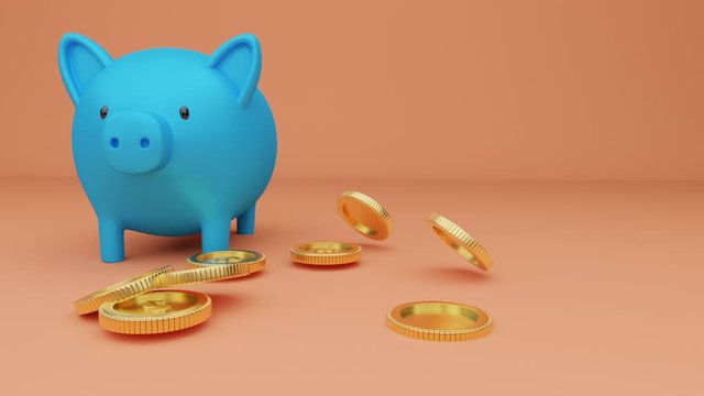 3D rendered illustration of a blue piggy bank and falling gold coins.