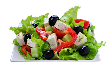 Greek salad on a white background. Space for text or design.