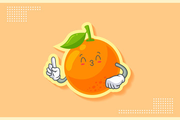 KISS, FLIRTY, SMILING EYE Face Emotion. Forefinger Hand Gesture. Orange, Citrus Fruit Cartoon Drawing Mascot Illustration.