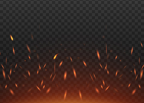 Red glowing fire sparks realistic vector illustration isolated on background.