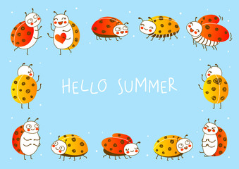 Cute little ladybugs on blue background - cartoon horizontal frame for funny design