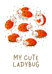 Cute little ladybugs isolated on white background - cartoon characters for funny greeting card and poster design