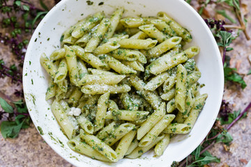 A delicious bowl of Pesto Sauce with Penne Rigatoni Pasta and topped with a sprinkling of cheese. The white bowl of pasta sits on a countertop on top of basil leaves in the background.