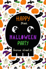 Fototapeta premium Halloween invitation with scull on seamless pattern