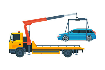 Fototapeta na wymiar Tow Truck Evacuating Blue Car, Road Assistance and Evacuation Service Flat Vector Illustration