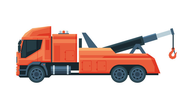 Red Tow Truck, Evacuation Vehicle, Road Assistance Service, Side View Flat Vector Illustration