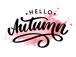 Hello, Autumn. Goodbye, Summer. The trend calligraphy. Vector illustration on the background of autumn leaves. Concept autumn advertising.