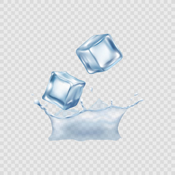 Blue ice cubes falling into water splash realistic vector illustration isolated.