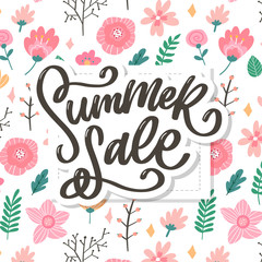 Trendy floral vector template. Summer flowers and Summer sale lettering illustration.