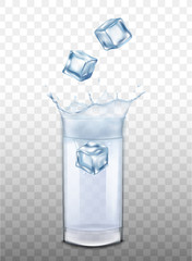 Mockup with ice cubes in glass of water realistic vector illustration isolated.