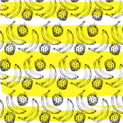 Poster Seamless pattern with yellow bananas and juicy strawberries. Cute vector strawberry and banana background. Bright summer fruits illustration. Fruit mix card. © 1emonkey
