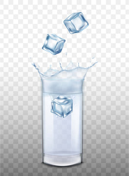 Mockup with ice cubes in glass of water realistic vector illustration isolated.