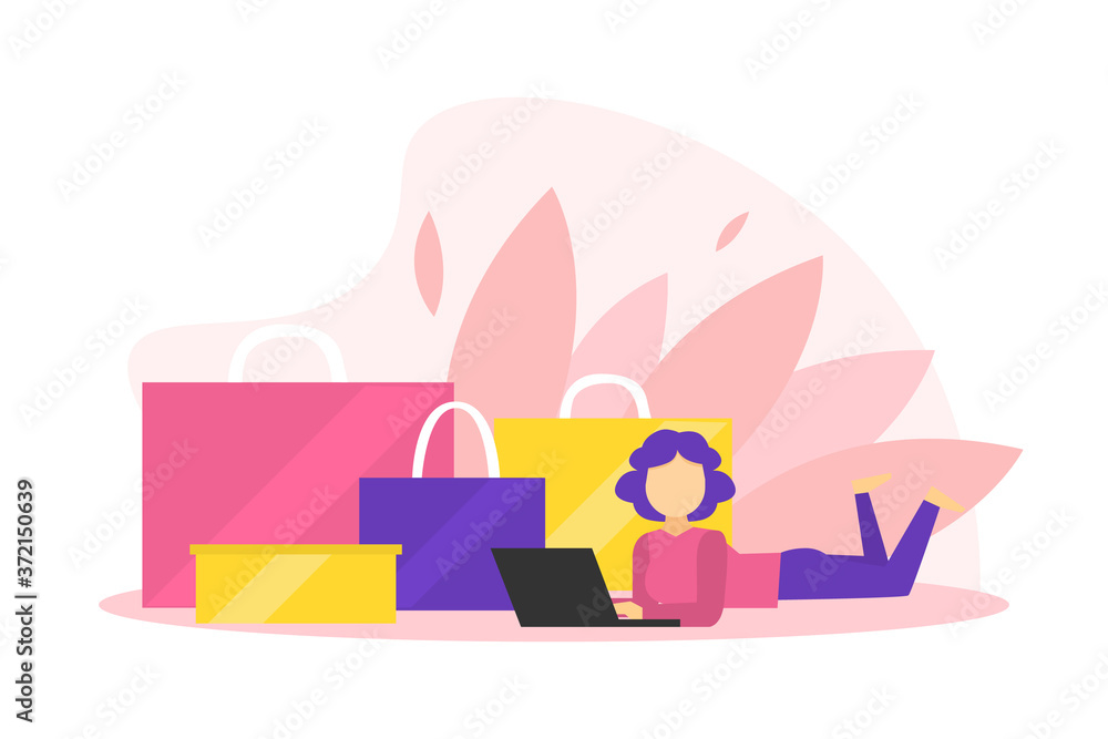 Poster Woman Shopping Online, Girl Lying on Floor with Laptop Computer and Shopping Bags Beside Her Flat Vector Illustration