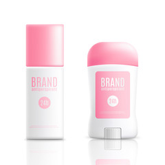 Realistic template and mockup of roller antiperspirant and plastic deodorant stick.