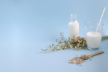 Oat milk in a glass stands on a blue background. Copy space