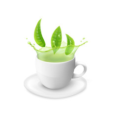 Fresh green tea leaves falling on white porcelain cup with green liquid splash