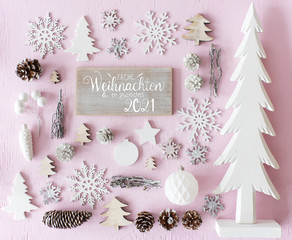 Fototapeta na wymiar White Wooden Christmas Decoration, Tree, Glueckliches 2021 Means Happy 2021