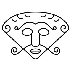 Head of god Loki. Norse mythology. Ancient Danish art. Stylized human face with mustache. Black and white linear silhouette. - obrazy, fototapety, plakaty
