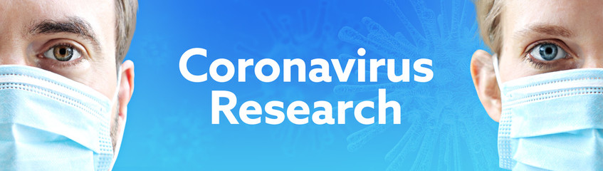 Coronavirus Research. Faces of man and woman with face mask. Couple wearing breathing mask. Blue background with text. Covid-19, coronavirus