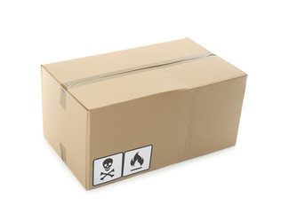 Cardboard box with different packaging symbols isolated on white. Parcel delivery