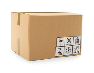 Cardboard box with different packaging symbols isolated on white. Parcel delivery
