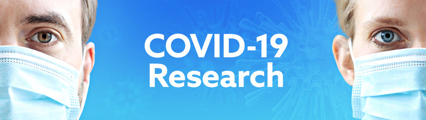COVID-19 Research. Faces of man and woman with face mask. Couple wearing breathing mask. Blue background with text. Covid-19, coronavirus