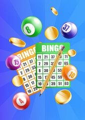 Bingo lottery balls and cards on blue background realistic vector illustration.