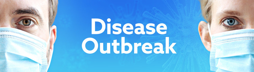 Disease Outbreak (Coronavirus). Faces of man and woman with face mask. Couple wearing breathing mask. Blue background with text. Covid-19, coronavirus