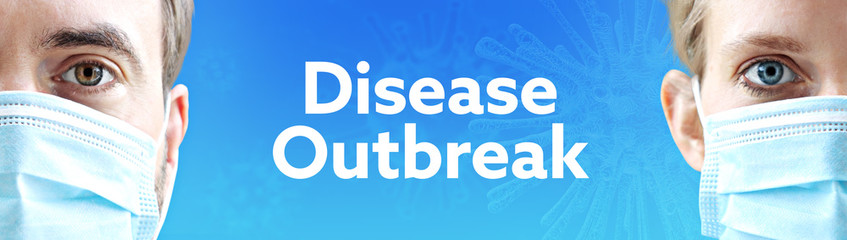 Fototapeta premium Disease Outbreak (Coronavirus). Faces of man and woman with face mask. Couple wearing breathing mask. Blue background with text. Covid-19, coronavirus