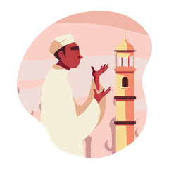 muslim man praying in front of mosque vector design