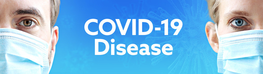 COVID-19 Disease. Faces of man and woman with face mask. Couple wearing breathing mask. Blue background with text. Covid-19, coronavirus