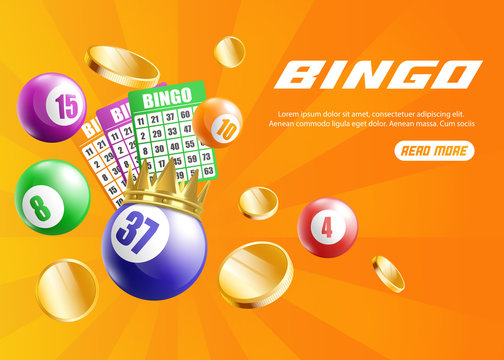 Bingo web banner with balls and cards on orange realistic vector illustration.