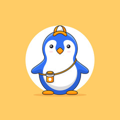 Cute little penguin wear hat and drink bottle vector outline illustration mascot