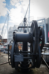 Gdansk, Poland, July, 5, 2020. Antique port crane in Gdansk old town. Back view.