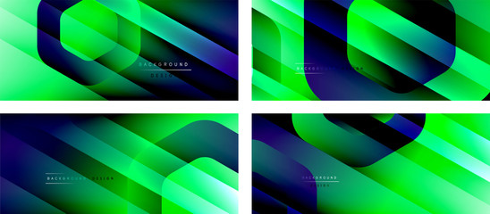 Set of hexagon geometric shapes and fluid gradients with 3d shadow and light straight lines, minimal abstract backgrounds