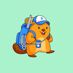 Beaver want to go camping animal wear big back pack and adventure tool vector outline illustration mascot