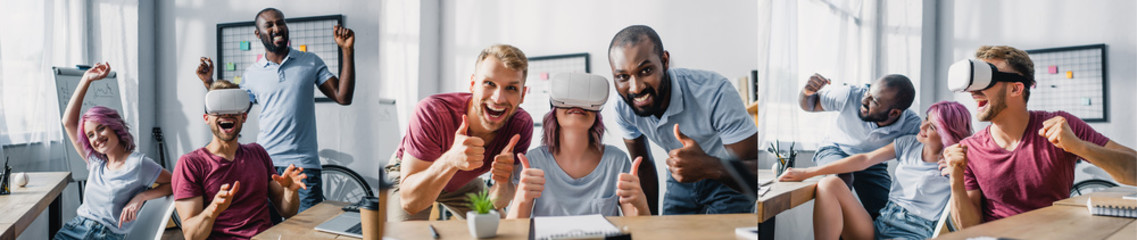 Collage of business people with vr headset showing thumbs up in office