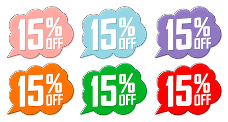 Set Sale 15% off speech bubble banners, discount tags design template, vector illustration