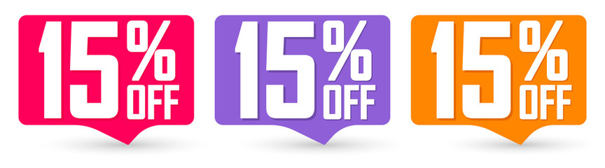 Set Sale 15% off speech bubble banners, discount tags design template, vector illustration
