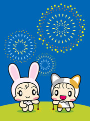 花火をするねことうさぎの着ぐるみを着た子供たち