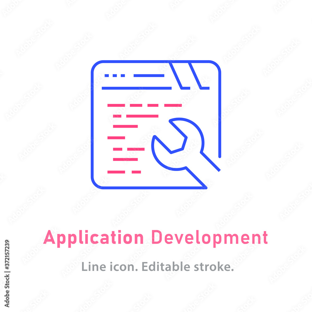 Poster application development line icon on white background. editable stroke.