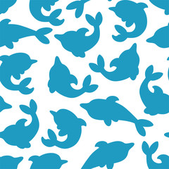 Seamless pattern with silhouettes of dolphins in white background. Minimalistic design with blue dolphins. Flat vector illustration.