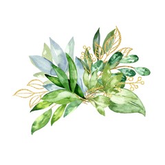 Hand drawn watercolor green leaves bouquet, foliage arrangement isolated on white background. Herb watercolour illustration.