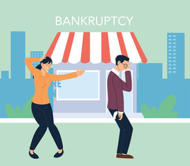 Naklejka premium businessman and businesswoman with headache in front of store vector design
