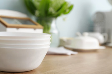 Clean dishes on kitchen counter, closeup