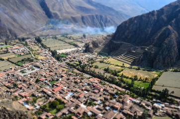 View of the valley in Ollantaytambo, Peru. Selective focus on the valley. Blur added.