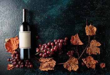 Bottle of red wine with ripe grapes and dried up vine leaves.