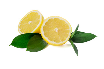 Halves of ripe lemon on white background